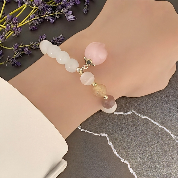 Elegant Natural Opal Beaded Dainty Stretchy Bracelet Pink Peach Charm - Picture 3 of 15